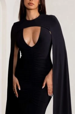 Myla | Black V-Neck Ruched Midi Dress With Cape Overlay -Sangyong Store WB BR CL129260 MylaBlackV NeckRuchedMidiDresswithCapeOverlay4