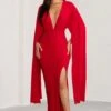 Maggie | Red Plunge Neck Maxi Dress With Cape Sleeves And Thigh Split -Sangyong Store WB BR CL129262 MaggieRedPlungeNeckMaxiDresswithCapeSleevesandThighSplit0