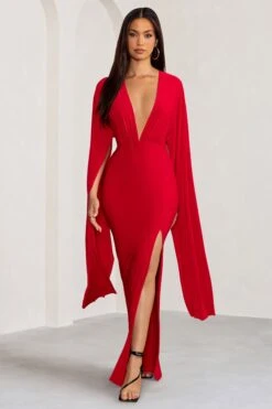 Maggie | Red Plunge Neck Maxi Dress With Cape Sleeves And Thigh Split -Sangyong Store WB BR CL129262 MaggieRedPlungeNeckMaxiDresswithCapeSleevesandThighSplit1