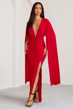 Maggie | Red Plunge Neck Maxi Dress With Cape Sleeves And Thigh Split -Sangyong Store WB BR CL129262 MaggieRedPlungeNeckMaxiDresswithCapeSleevesandThighSplit2