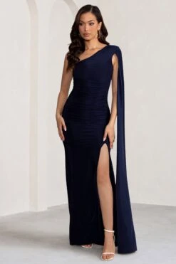 Alexia | Navy One-Shoulder Maxi Dress With Cape Sleeve And Thigh Split -Sangyong Store WB BR CL129270 AlexiaNavyOne ShoulderMaxiDresswithCapeSleeveandThighSplit2