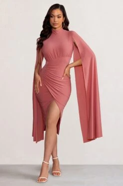 Sara | Blush High Neck Ruched Midi Dress With Cape Sleeves -Sangyong Store WB BR CL129272 SaraBlushHighNeckRuchedMaxiDresswithCapeSleeves1