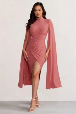 Sara | Blush High Neck Ruched Midi Dress With Cape Sleeves -Sangyong Store WB BR CL129272 SaraBlushHighNeckRuchedMaxiDresswithCapeSleeves2