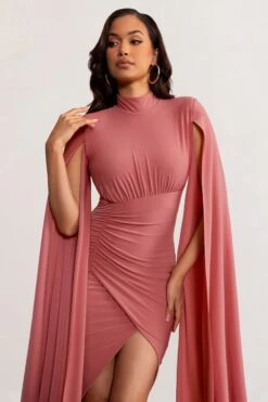 Sara | Blush High Neck Ruched Midi Dress With Cape Sleeves -Sangyong Store WB BR CL129272 SaraBlushHighNeckRuchedMaxiDresswithCapeSleeves3