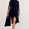 Sara | Navy High Neck Ruched Midi Dress With Cape Sleeves -Sangyong Store WB BR CL1292720 SaraNavyHighNeckRuchedMaxiDresswithCapeSleevesNavy0