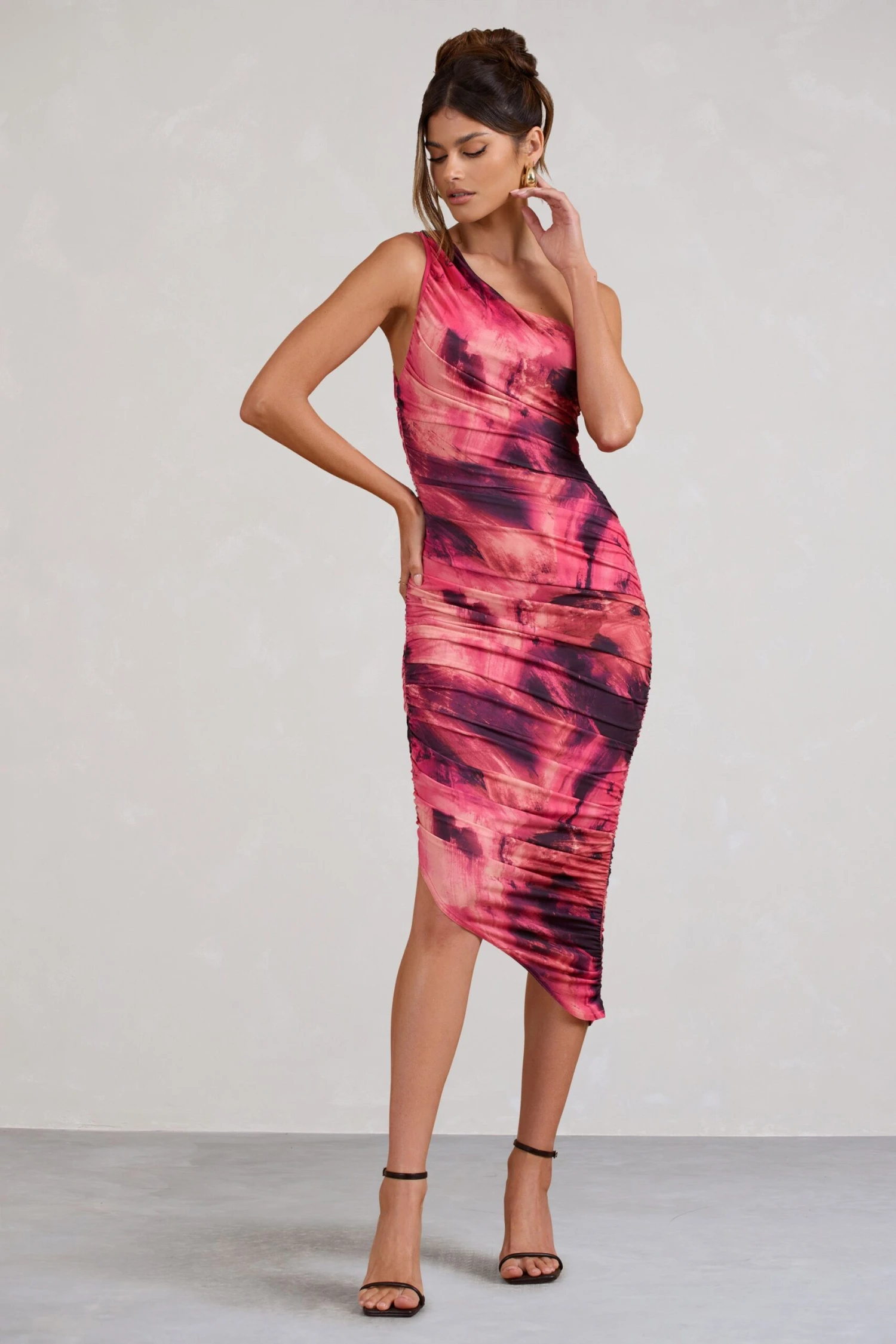 Dorit | Pink Print One Shoulder Asymmetric Ruched Midi Dress 7 Dorit | Pink Print One Shoulder Asymmetric Ruched Midi Dress - Image 5