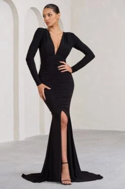 Demure | Black Ruched Long-Sleeved Split Fishtail Maxi Dress -Sangyong Store WB BR CL129348002 DemureBlackRuchedLong SleevedSplitFishtailMaxiDress1