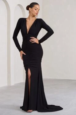 Demure | Black Ruched Long-Sleeved Split Fishtail Maxi Dress -Sangyong Store WB BR CL129348002 DemureBlackRuchedLong SleevedSplitFishtailMaxiDress2