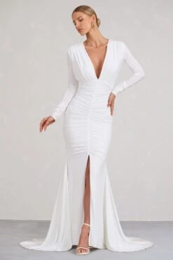 Demure | White Ruched Long-Sleeved Split Fishtail Maxi Dress -Sangyong Store WB BR CL129348005 DemureWhiteRuchedLong SleevedSplitFishtailMaxiDress1