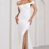 Harmony | White Ruched Bardot Split Fishtail Maxi Dress -Sangyong Store WB BR CL129352005 HarmonyWhiteRuchedBardotSplitFishtailMaxiDress1
