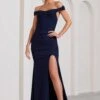 Harmony | Navy Ruched Bardot Split Fishtail Maxi Dress -Sangyong Store WB BR CL129352015 Harmony NavyRuchedBardotSplitFishtailMaxiDress3