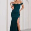 Harmony | Bottle Green Ruched Bardot Split Fishtail Maxi Dress -Sangyong Store WB BR CL129352047 HarmonyBottleGreenRuchedBardotSplitFishtailMaxiDress1