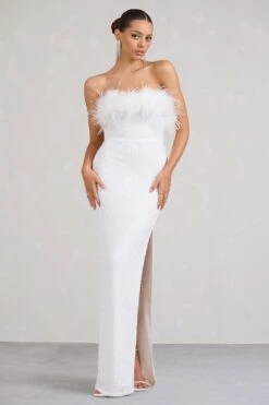 Old Money | White Bodycon Sequin Maxi Dress With Feather Trim -Sangyong Store WB BR CL129357005 OldMoneyWhiteBodyconSequinMaxiDressWithFeatherTrim2