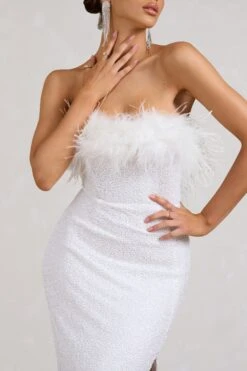 Old Money | White Bodycon Sequin Maxi Dress With Feather Trim -Sangyong Store WB BR CL129357005 OldMoneyWhiteBodyconSequinMaxiDressWithFeatherTrim3