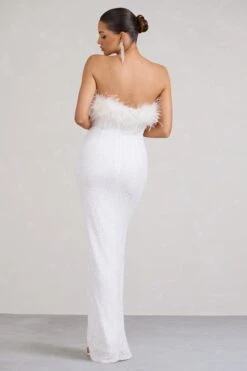 Old Money | White Bodycon Sequin Maxi Dress With Feather Trim -Sangyong Store WB BR CL129357005 OldMoneyWhiteBodyconSequinMaxiDressWithFeatherTrim4
