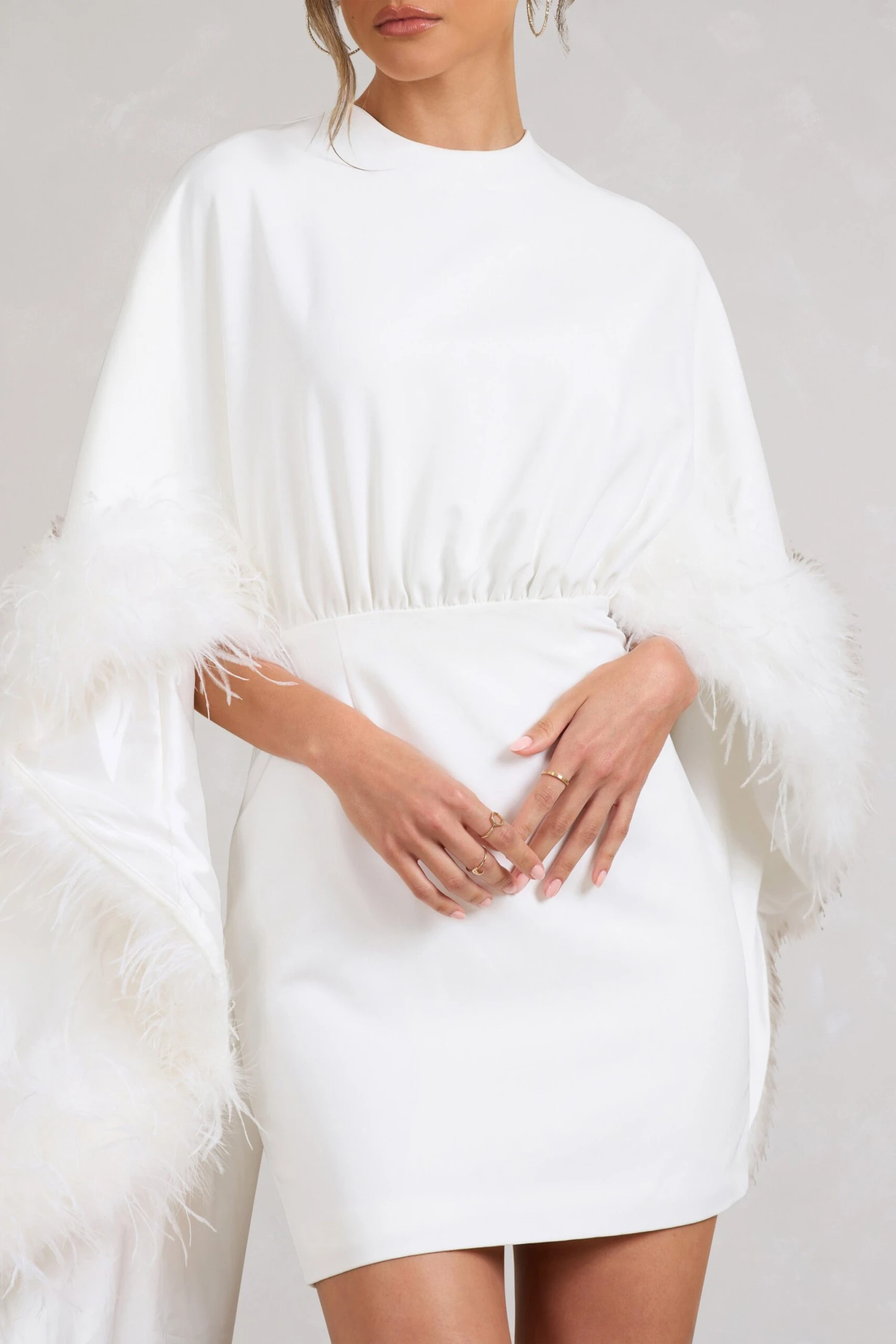 Of The Manor | White Gathered Mini Dress With Feather Cape 5 Of The Manor | White Gathered Mini Dress With Feather Cape - Image 3