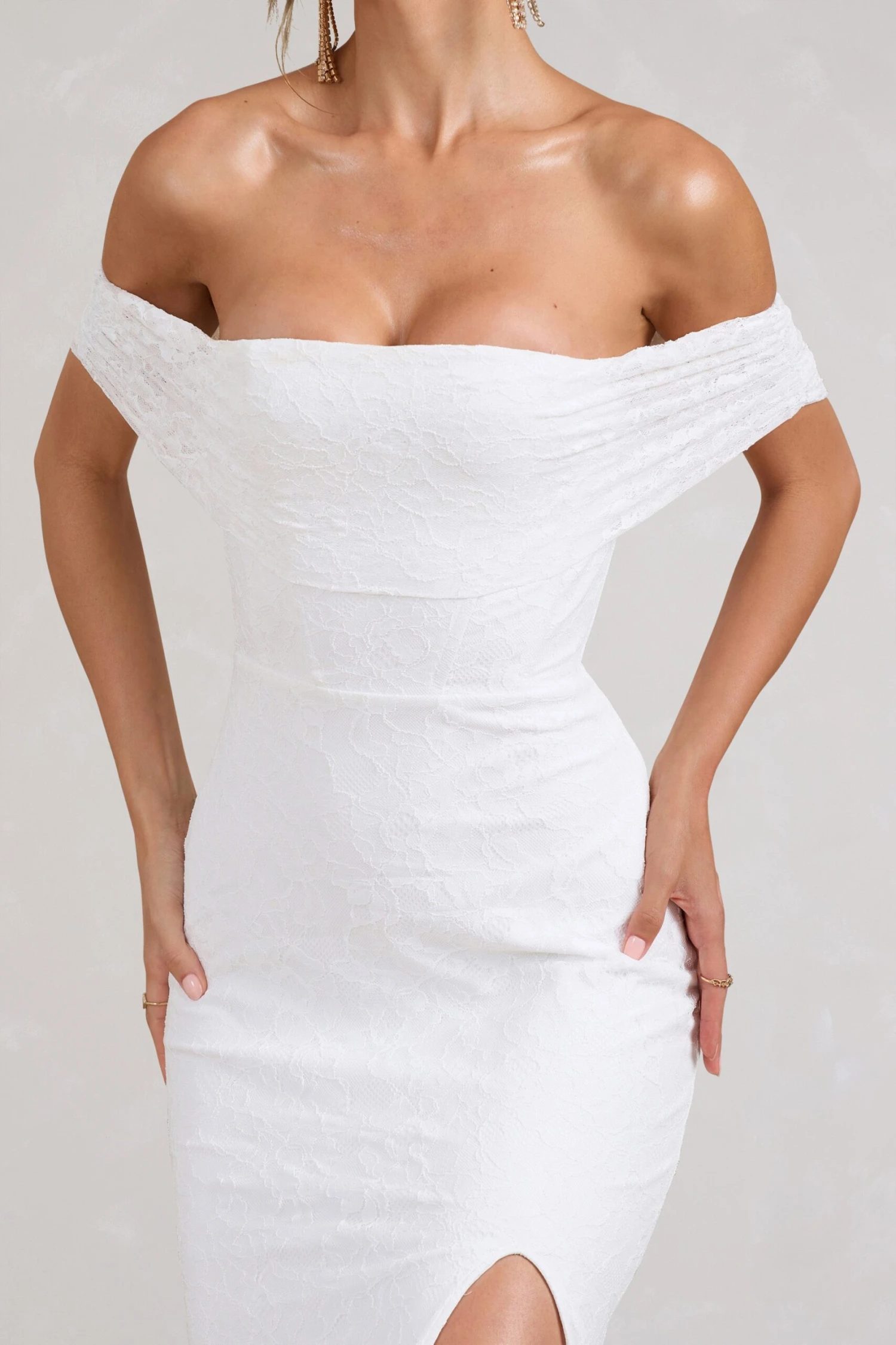 Lilibet | White Lace Bardot Split Maxi Dress 5 Lilibet | White Lace Bardot Split Maxi Dress - Image 3