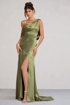 Jayne | Olive Satin Asymmetric Draped Split Maxi Dress -Sangyong Store WB BR CL129372028 JayneOliveSatinAsymmetricDrapedSplitMaxiDress2