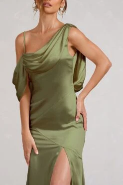 Jayne | Olive Satin Asymmetric Draped Split Maxi Dress -Sangyong Store WB BR CL129372028 JayneOliveSatinAsymmetricDrapedSplitMaxiDress5