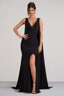 A Toast | Black Split Maxi Dress With Draped Cape -Sangyong Store WB BR CL129376002 AToastBlackSplitMaxiDressWithDrapedCape1