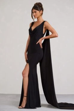 A Toast | Black Split Maxi Dress With Draped Cape -Sangyong Store WB BR CL129376002 AToastBlackSplitMaxiDressWithDrapedCape4