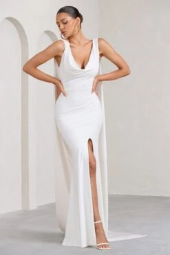 A Toast | White Split Maxi Dress With Draped Cape -Sangyong Store WB BR CL129376005 AToastWhiteSplitMaxiDressWithDrapedCape4