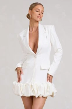 Cloud Catching | White Tailored Blazer Mini Dress With Ruffled Hem -Sangyong Store WB BR CL129387005 CloudCatchingWhiteTailoredBlazerDressWithRuffledHem1