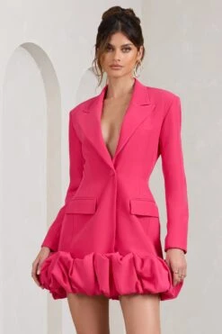 Cloud Catching | Hot Pink Tailored Blazer Mini Dress With Ruffled Hem -Sangyong Store WB BR CL129387073 CloudCatchingHotPinkTailoredBlazerDressWithRuffledHem1