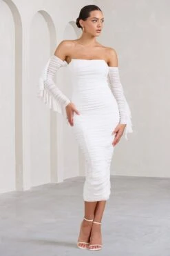 Favor | White Ruched Mesh Bardot Midi Dress -Sangyong Store WB BR CL129388005 FavorWhiteRuchedMeshBardotMidiDress0