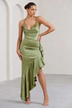 Lady Rosselini | Olive Strappy Asymmetric Ruffled Maxi Dress -Sangyong Store WB BR CL129419113 LadyRosseliniOliveStrappyAsymmetricRuffledMaxiDress4
