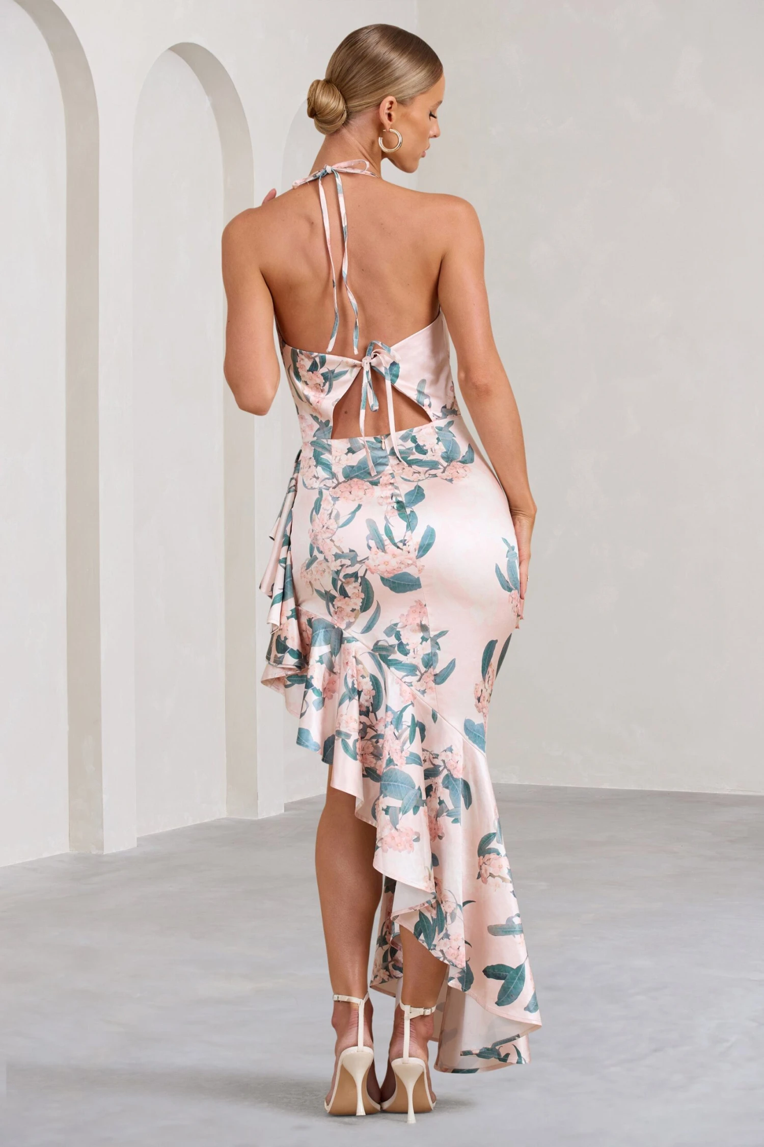 Lady Rosselini | Pink Floral Strappy Asymmetric Ruffled Maxi Dress 4 Lady Rosselini | Pink Floral Strappy Asymmetric Ruffled Maxi Dress - Image 2