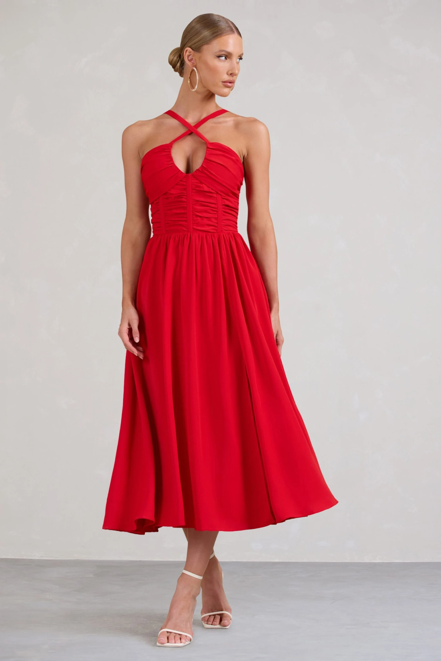 Lady Loren | Red Ruched Cross-Strap Split Midi Dress 3 Lady Loren | Red Ruched Cross-Strap Split Midi Dress