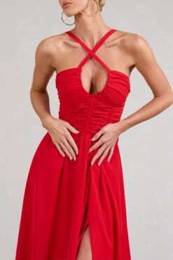 Lady Loren | Red Ruched Cross-Strap Split Midi Dress 9 Lady Loren | Red Ruched Cross-Strap Split Midi Dress -Sangyong Store WB BR CL129423004 LadyLorenRedRuchedCross StrapSplitMidiDress3