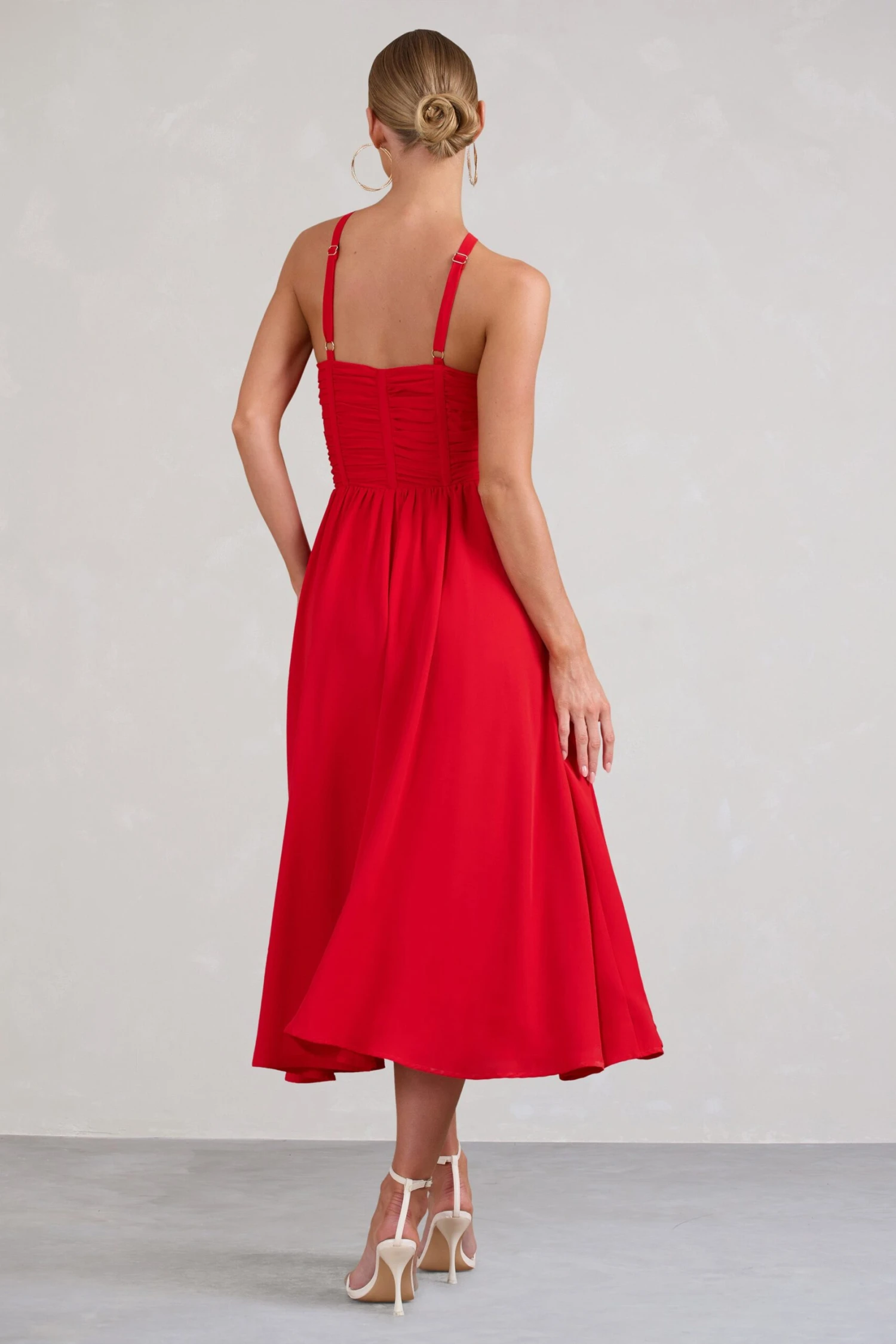Lady Loren | Red Ruched Cross-Strap Split Midi Dress 4 Lady Loren | Red Ruched Cross-Strap Split Midi Dress - Image 2