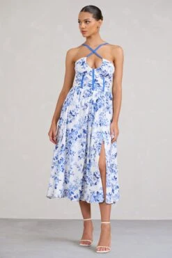 Lady Loren | Blue Floral Ruched Cross-Strap Split Midi Dress