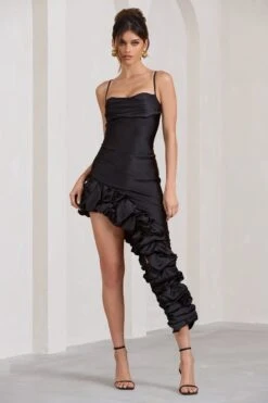 Florence | Black Satin Asymmetric Ruffle Cowl Midi Dress -Sangyong Store WB BR CL129436002 FlorenceBlackSatinAsymmetricRuffleCowlMidiDress2