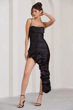 Florence | Black Satin Asymmetric Ruffle Cowl Midi Dress -Sangyong Store WB BR CL129436002 FlorenceBlackSatinAsymmetricRuffleCowlMidiDress4