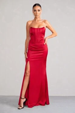 Sensual Notes | Red Satin Strapless Corset Thigh Split Fishtail Maxi Dress -Sangyong Store WB BR HR CL127453 SensualNotesRedSatinStraplessCorsetThighSplitFishtailMaxiDress0