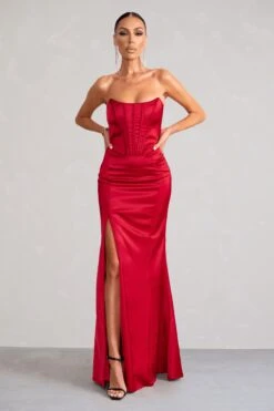 Sensual Notes | Red Satin Strapless Corset Thigh Split Fishtail Maxi Dress -Sangyong Store WB BR HR CL127453 SensualNotesRedSatinStraplessCorsetThighSplitFishtailMaxiDress1