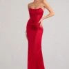 Sensual Notes | Red Satin Strapless Corset Thigh Split Fishtail Maxi Dress