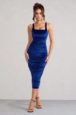 Beauty | Royal Blue Velvet Square Neck Bodycon Midi Dress -Sangyong Store WB BR HR CL127625 BeautyBlueVelvetSquareNeckBodyconMidiDress0