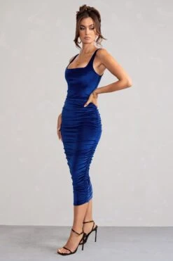 Beauty | Royal Blue Velvet Square Neck Bodycon Midi Dress -Sangyong Store WB BR HR CL127625 BeautyBlueVelvetSquareNeckBodyconMidiDress2