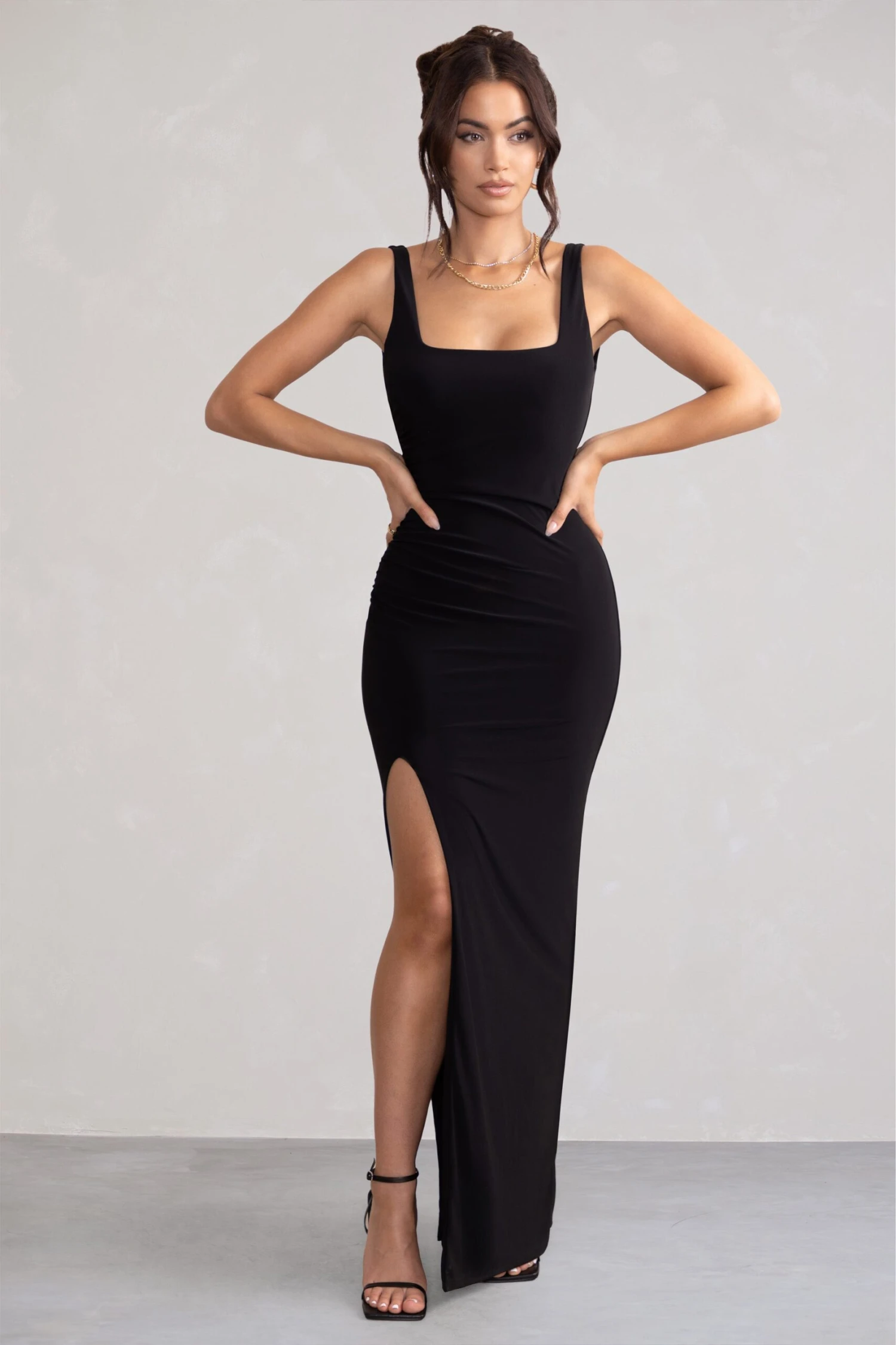 Kate | Black Square Neck Maxi Dress With Plunge Back And Side Thigh Split 6 Kate | Black Square Neck Maxi Dress With Plunge Back And Side Thigh Split - Image 4