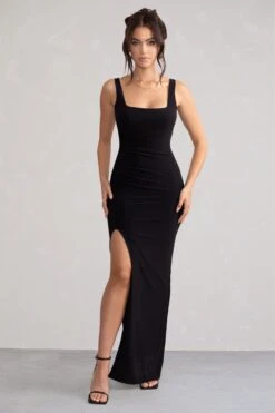 Kate | Black Square Neck Maxi Dress With Plunge Back And Side Thigh Split 11 Kate | Black Square Neck Maxi Dress With Plunge Back And Side Thigh Split -Sangyong Store WB BR HR CL127639 KateBlackSquareNeckMaxiDresswithPlungeBackandSideThighSplit1