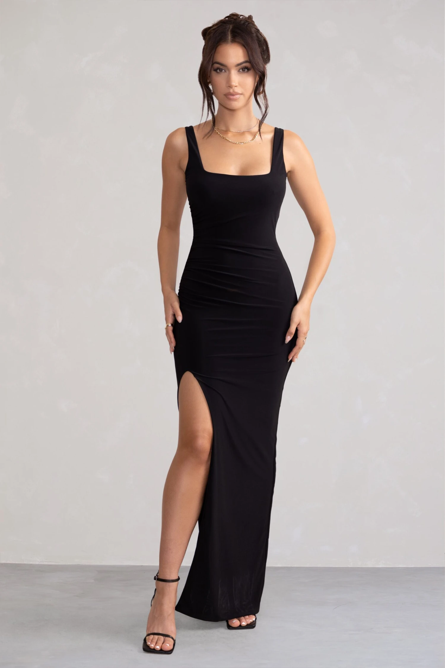 Kate | Black Square Neck Maxi Dress With Plunge Back And Side Thigh Split 7 Kate | Black Square Neck Maxi Dress With Plunge Back And Side Thigh Split - Image 5