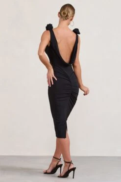 Midnight Rose | Black Cowl-Neck Midi Dress With Floral Corsages -Sangyong Store WB BR HR CL128451002 RosyBlackCowl NeckMidiDressWithFloralCorsages5