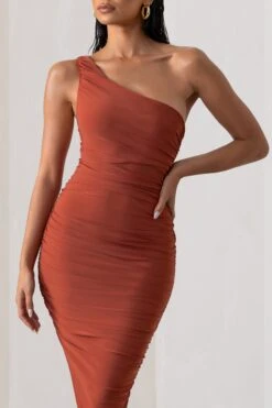 Late Night | Rust Asymmetric One Shoulder Ruched Midi Dress -Sangyong Store WB BR NEW CL126071 LateNightRustAsymmetricalOneShoulderRuchedMidiDress6 a66859fe 4254 44a6 80d5 070e3ce3894c