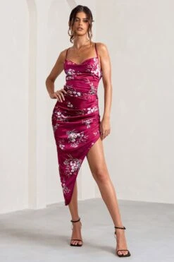 Risk It All | Berry Floral Print Cami Cowl Neck Satin Asymmetric Hem Midi Dress -Sangyong Store WB BR WB CL126039 RiskItAllBerryFloralPrintCowlNeckAsymmetricHemDress1