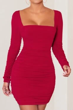 Muse | Red Long Sleeve Square Neck Ruched Mini Dress -Sangyong Store WB CC BR CL126709 red Long Sleeve Square Neck Ruched Mini Dress 1 detail