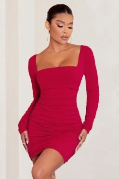 Muse | Red Long Sleeve Square Neck Ruched Mini Dress -Sangyong Store WB CC BR CL126709 redLong Sleeve Square Neck Ruched Mini Dress 2